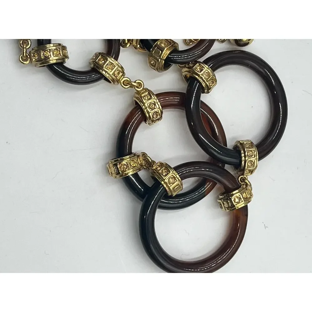 Kate Spade Faux Tortoise Shell Circle Gold Tone Links yellow rhinestone Necklace